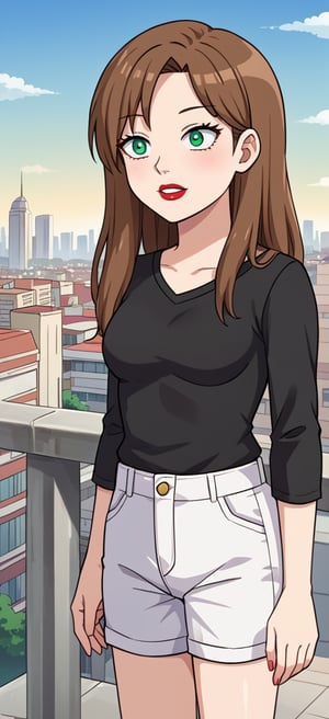 S4rahLynnBH, brown hair, green eyes,lipstick, black shirt, white shorts, 1girl, looking at viewers, city, day, outdoors, anime style, 