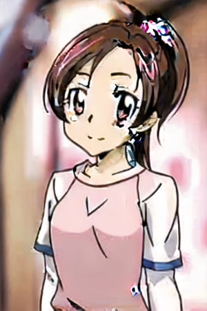 A close-up shot of a young girl, Shikinami, from the anime series Kancolle, gazing directly at the viewer with a radiant blush on her cheeks. Her open mouth and sparkling brown eyes convey a sense of surprise or delight. Her long, brown hair is tied back in a ponytail, adorned with a delicate hair ribbon that matches the tone of her white shirt, featuring short sleeves that frame her upper body.,Miura Haru