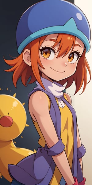 SoraDef, smile, short hair, orange hair, helmet, yellow dress, white cardigan, orange eyes, digimon