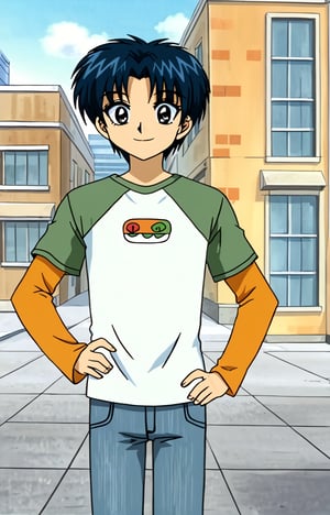 1boy, solo, kaoru matsutake, blue hair, grey eyes, jeans, t shirt,  ORANGE RANGLAN longe sleeves, smile, city, mouth open, hand on hip, outdoors, UHD, 