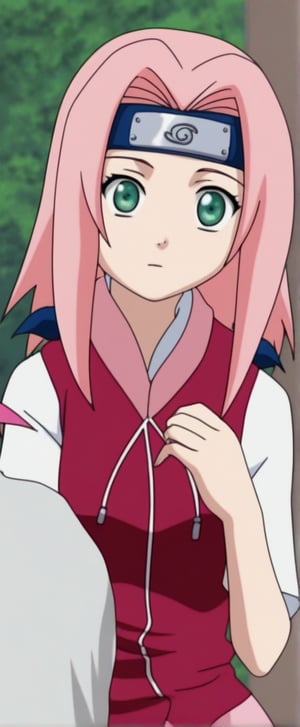 SAKURA HARUNO, MEDIUM HAIR, GREEN EYES,PINK HAIR, PARTED BANGS, white t shirt, pink skirt, puffy short slevees,FOREHEAD PROTECTOR,