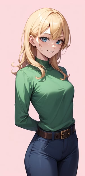 1girl, solo, looking at viewer, smile, blonde hair, simple background, Hairstyles with Flipped Endsbrown, eyes, standing, dark Green collard shirt, long slevees, collard shirt, blue pants, pink background, belt, real, Long sleeves, score_9,score_8_up,score_7_up,score_6_up,score_5_up,score_4_up,source_anime,BREAK