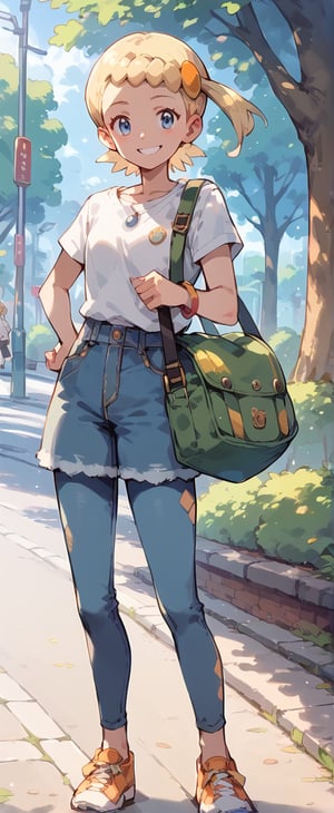 score_9, score_8_up, score_7_up, score_6_up, blue eyes, blond hair, side ponytail, bonnie, white t shirt, jean skirt, leggins, smile, park, 