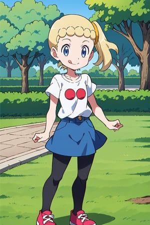 score_9, score_8_up, score_7_up, score_6_up, one child, tongue out, blue eyes, blond hair, side ponytail,  white t shirt, blue  jeans skirt, black leggings, standing, day, park, bonnie, smile, mouth open, source_anime