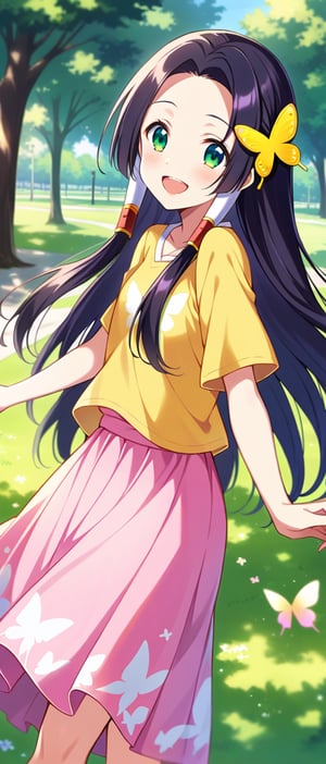 sumeragi kaguya, green eyes, black hair, long hair, hair tubes, yellow t shirt, pink skirt, butterfly print,  smiling, sunny day, park, mouth open teeth, 
