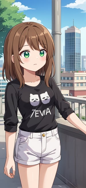 S4rahLynnBH, brown hair, green eyes, black shirt, white shorts, 1girl, looking at viewers, city, day, outdoors, anime style, 