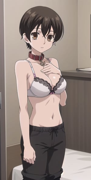 1girl, solo, Fujioka Haruhi short hair, bra, balck pants, full boddy, toplles, collar, standing