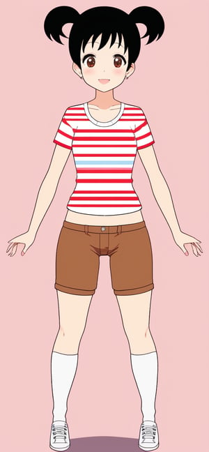 1girl, solo, smile, short hair, simple background, shirt, black hair, twintails, brown eyes, full body, shoes, shorts, socks, midriff, striped, kneehighs, pink background, short twintails, white socks, sneakers, striped shirt, brown shorts