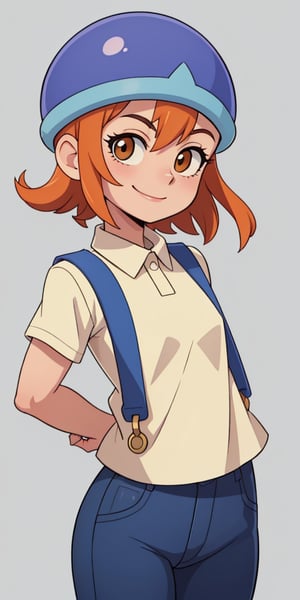 SoraDef, smile, short hair, orange hair, orange eyes, digimon 1girl, solo, smile simple background, shirt, white background,  standing, short sleeves, cowboy shot, collared shirt, pants, lips, denim, yellow shirt, jeans, realistic, arms at sides, head out of frame, helmet