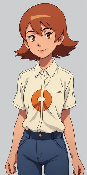  smile, short hair, orange hair, orange eyes, digimon 1girl, solo, smile simple background, shirt, white background,  standing, short sleeves, cowboy shot, collared shirt, pants, lips, denim, yellow shirt, jeans, realistic, arms at sides, head out of frame, helmet, sora_takenouchi