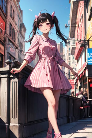 1girl, black hair, pigtails, Jean dress, pink eye, brown shose, masterpiece, smiling, city, masterpiece, high quality, daytime, striped,