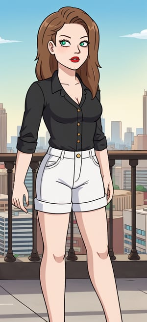 S4rahLynnBH, brown hair, green eyes,lipstick, black shirt, white shorts, 1girl, looking at viewers, city, day, outdoors,