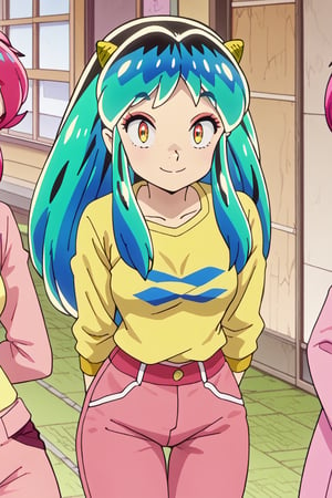  lum, oni horns, yellow  shirt, pink pants, smiling, looking at viewer, long hair,