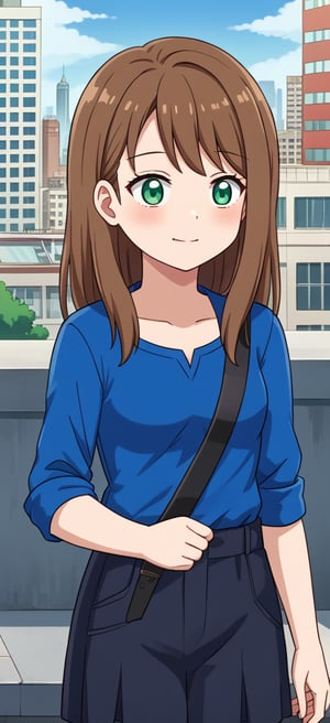 S4rahLynnBH, brown hair, green eyes, looking at viewers, city, day, outdoors, anime style, 