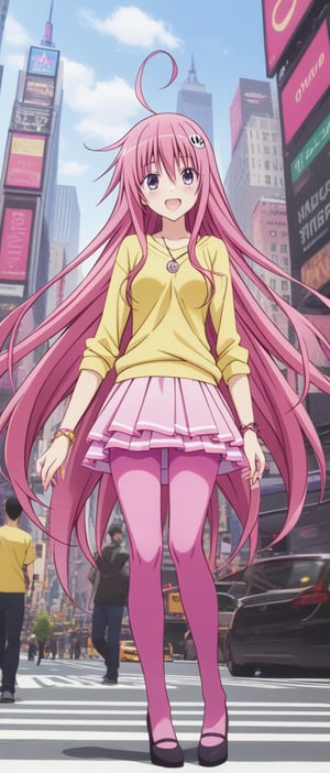 Lala Satalin Deviluke, yellow shirt, pink skirt, new york, pink leggins