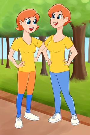 1girl, Orange hair, short hair, yellow tee, v neck shirt, blue jeans, longe pants, white shoes, blue eyes, medium breast,  freckles, open mouth, park, day times, trees, standing, ultra high quality, hands on hips,