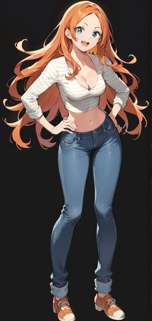 1girl, solo, long hair, breasts, smile, open mouth, blue eyes, simple background, navel, cleavage, medium breasts, standing, full body, shoes, midriff, pants, orange hair, hand on hip, denim, black background, jeans,score_9