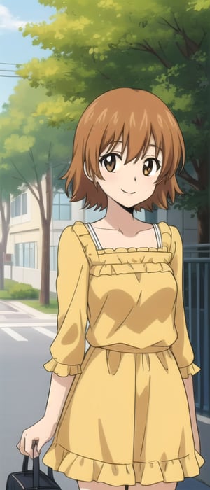 kyoko1, brown hair, short hair, brown eyes, Floral Pattern, dress, yellow dress, outdoors, park, masterpice, solo, looking_at_viewer, smiling, white soocks, full boddy