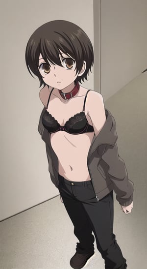 1girl, solo, Fujioka Haruhi short hair, bra, balck pants, full boddy, toplles, collar, standing