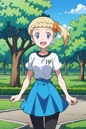 score_9, score_8_up, score_7_up, score_6_up, blue eyes, blond hair, side ponytail,  white t shirt, blue skirt, black leggings, standing, day, park, bonnie, smile, mouth open, source_anime