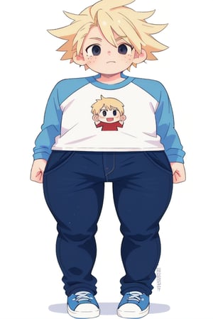 One boy spiky hair blonde hair red shirt raglan sleeves blue trouser jeans blue shoes freckles black eyes full body high quality 8k good quality full body:1.4 looking at the viewers Good pictures.:1.6 anime.1:5
