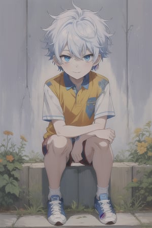 KilluaZoldyck,1boy, blue polo shirt, Red shorts, yellow sneakers, full body,solo, looking at viewer, smile, short hair, blue eyes,white hair, male focus, outdoors, sky, shoes, day, head rest,rating_safe, score_8_up