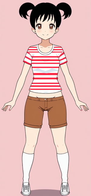 1girl, solo, smile, short hair, simple background, shirt, black hair, twintails, brown eyes, full body, shoes, shorts, socks, midriff, striped, kneehighs, pink background, short twintails, white socks, sneakers, striped shirt, brown shorts