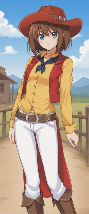 anzu mazaki, blue eyes, brown hair, short hair, cowboy outfit, long slevee, cowboy hat, yellow shirt, white jeans, belt, red vest, wildwest, outdoors,  neckerchief, anzu mazaki, cowboy boots, 