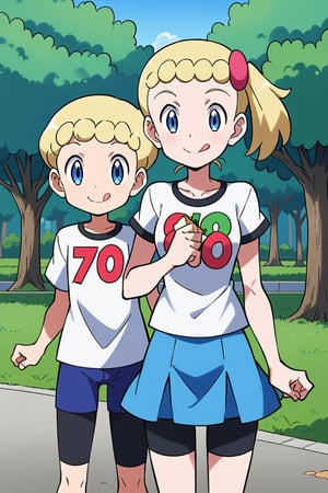 score_9, score_8_up, score_7_up, score_6_up, one child, tongue out, blue eyes, blond hair, side ponytail,  white t shirt, blue  jeans skirt, bike shorts, standing, day, park, bonnie, smile, mouth open, source_anime