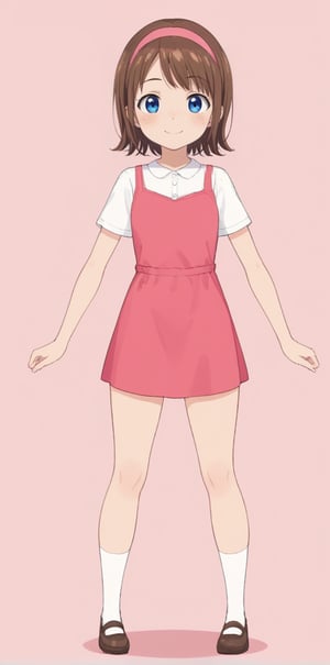 1girl, solo, looking at viewer, smile, short hair, blue eyes, simple background, brown hair, dress, standing, hairband, socks, pink background, white socks, freckles, pink hairband