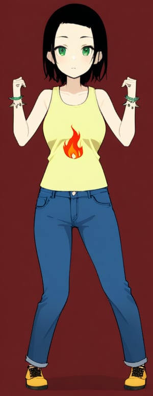 1girl, solo, short hair, black hair, jewelry, green eyes, pants, bracelet, tank top, fire, denim, spikes, jeans