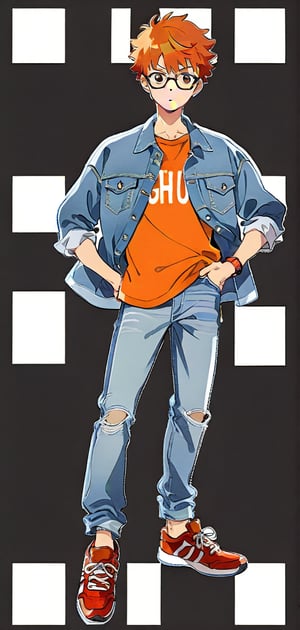 solo, simple background, 1boy, full body, male focus, shoes, glasses, pants, orange hair, parody, denim, black background, sneakers, jeans, style parody, emiya shirou