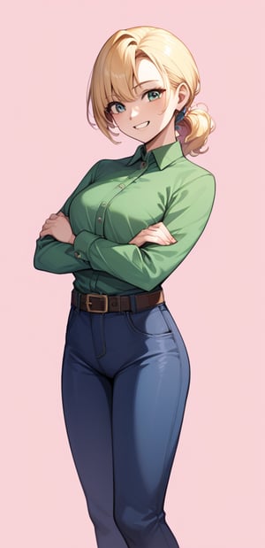 1girl, solo, looking at viewer, smile, blonde hair, simple background, Hairstyles with Flipped Endsbrown, eyes, standing, dark Green collard shirt, long slevees, collard shirt, blue pants, pink background, belt, real, Long sleeve, score_9,score_8_up,score_7_up,score_6_up,score_5_up,score_4_up,source_anime,BREAK