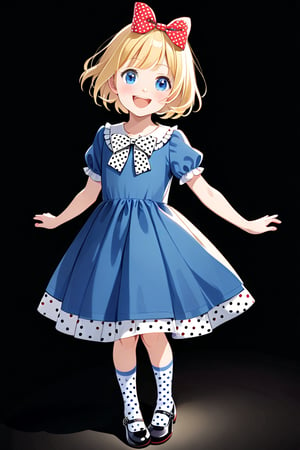 1girl, solo, smile, short hair, open mouth, blue eyes, blonde hair, simple background, dress, bow, full body, hair bow, shoes, socks, polka dot, black background, child, mary janes