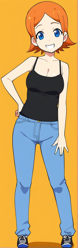 1girl, solo, breasts, looking at viewer, smile, short hair, blue eyes, simple background, cleavage, medium breasts, standing, full body, shoes, pants, orange hair, grin, hand on hip, tank top, denim, sneakers, camisole, jeans