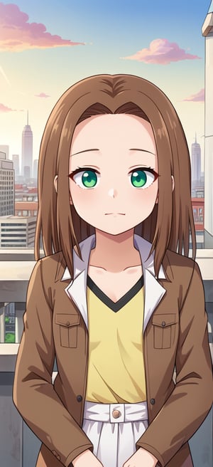 BIG FOREHEAD, S4rahLynnBH, brown hair, green eyes, looking at viewers, city, day, outdoors, anime style, 