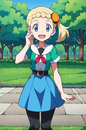 score_9, score_8_up, score_7_up, score_6_up, blue eyes, blond hair, side ponytail, blue skirt, black leggings, standing, day, park, bonnie, smile, mouth open, source_anime