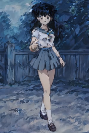 1girl, Kagome Higurashi, brown eyes, full body yellow short sleeve t shirt, blue jeans trousers, 
Platform shoe, 