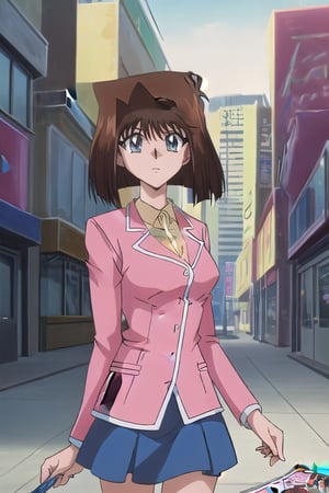  1girl, duel monsters ,hair brown ,blue eyes, Brown hair, anzu mazaki, duel monsters , hair brown , yellow dress long sleeves, with pink cardigan, outdoors, day time city, short hair, masterpiece, best quality, 
