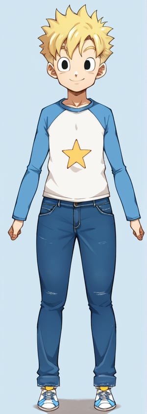 solo, smile, blonde hair, simple background, 1boy, full body, male focus, shoes, pants, star \(symbol\), black eyes, denim, sneakers, jeans, raglan sleeves,score_9_up,score_8_up,score_7_up,source_anime,akiratoriyama