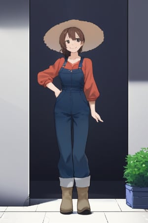 1girl, Solo, Farmer, brown hair, ponytail, farm hat, masterpiece, blue dungarees, Red shirt, longe sleeves, high quality, Farm boots, standing, looking at the viewers, smiling, Orange neckerchief,  Haru Miura, 
