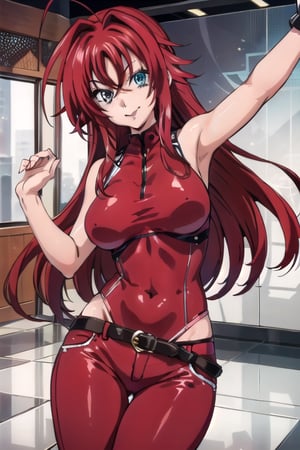 rias gremory, saggingbreasts, red jeans, belt, dance floor, indoors, looking_at_viewer, masterpice, solo, red hair, blue eyes, long_hair, 1girl, smiling, 