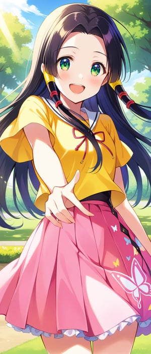 sumeragi kaguya, green eyes, black hair, long hair, hair tubes, yellow t shirt, pink skirt, butterfly print, smiling, sunny day, park, mouth open teeth, capped slevees,
