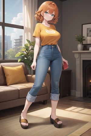 1girl, orange curly hair, yellow belly t shirt, short sleeves, blue jeans trousers, Clog, big breast, green eyes, living room,