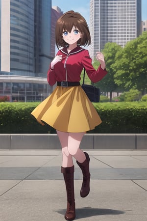  1girl, duel monsters ,hair brown ,blue eyes, Brown hair, anzu mazaki, duel monsters , hair brown , yellow dress, long sleeves, outdoors, day time city, short hair, masterpiece, best quality, smiling, full body, red black boots 