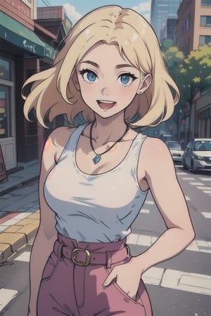 1woman, solo, blonde longe hair, pink lipstick, large breast, white tank top, square neck top, light pink pants, belts, upper body, smiling, open mouth, city, day time, necklace, smiling, blue eyes, masterpiece, outdoors, standing, looking at the viewers, pixie Anime ver 10, (8K), ultra high quality, 