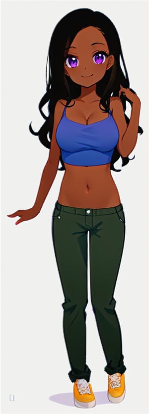 1girl, solo, long hair, breasts, looking at viewer, smile, simple background, black hair, white background, navel, cleavage, medium breasts, standing, purple eyes, full body, shoes, midriff, pants, dark skin, dark-skinned female, crop top, wavy hair, black pants, tank top, camisole, very dark skin