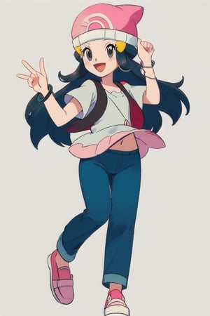 dawn(pokemon), 1girl, solo,eyelashes, hat, beanie, navel, open mouth, smile, white headwear, grey eyes, tongue, long hair, bracelet, short sleeves, shirt, hair ornament, hairclip, jewelry, :d, pants, looking at viewer, black shirt, pink shoes, full body,