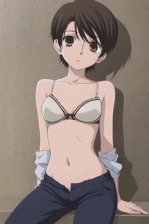 1girl, solo, Fujioka Haruhi short hair, bra, palck pants, bull boddy, toples