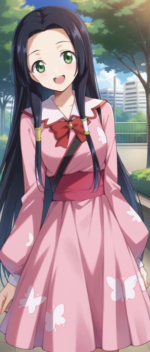 sumeragi kaguya, green eyes, black hair, long hair, hair tubes, red bow, pink dress, butterfly print, puffy_ long sleeves, smiling, sunny day, park, mouth open teeth, 
